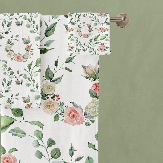 Modern White & Pink Rose Laurels Badhandtuch Set