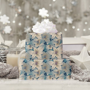 Modern White Poinsettia Christmas Blue Pattern Geschenkpapier