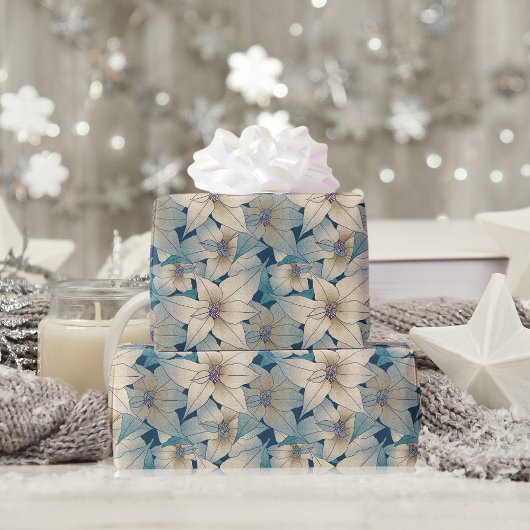 Modern White Poinsettia Christmas Blue Pattern Geschenkpapier