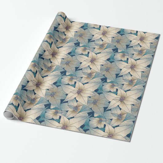 Modern White Poinsettia Christmas Blue Pattern Geschenkpapier (Ungerollt)
