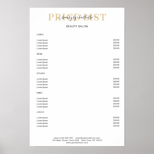 Modern White Price List Poster (Vorne)