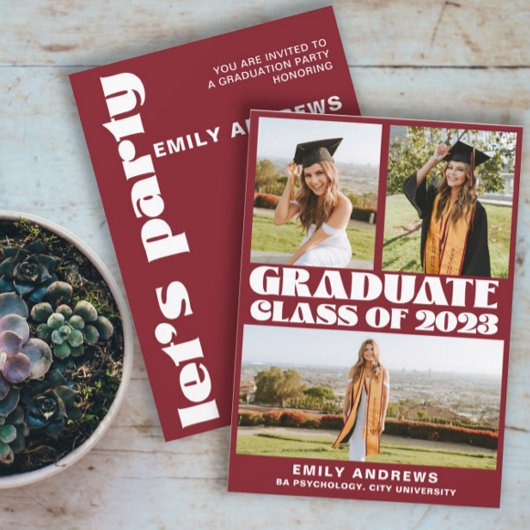 Modern White & Red 3 Foto Grad Party Einladung