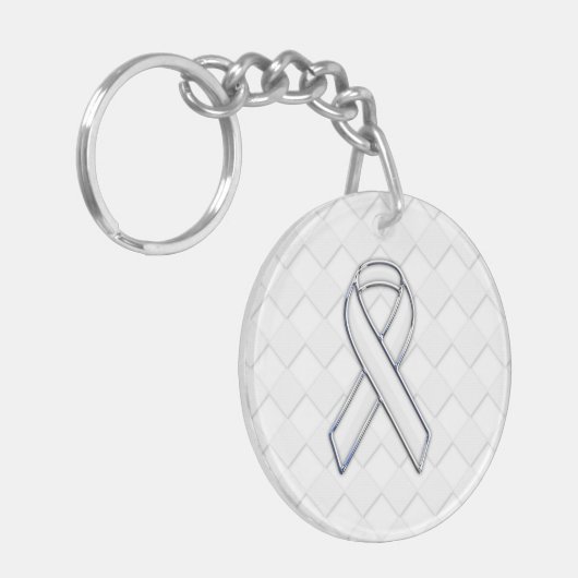 Modern White Ribbon Awareness on Schachbretts Prin Schlüsselanhänger (Vorderseite links)
