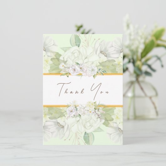 Modern White Rose Green Floral Danke Karte (Stehend Vorderseite)