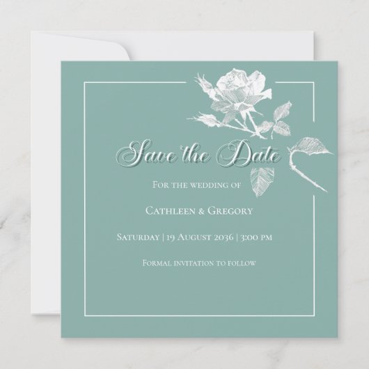 Modern White Roses Sage Green Floral Wedding Save The Date (Vorderseite)