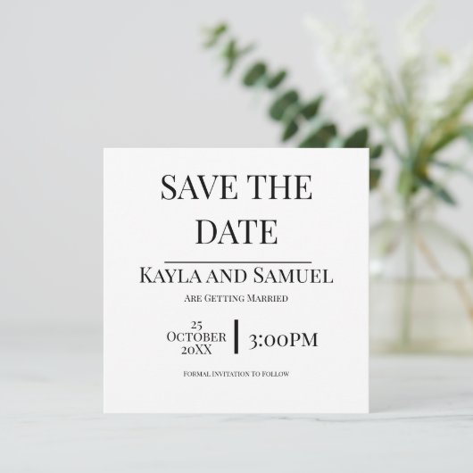 Modern White Save The Date Card with Black Text (Stehend Vorderseite)