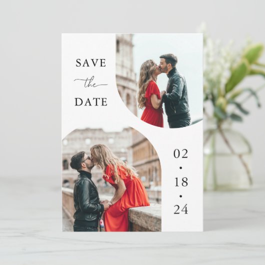 Modern White Script 2 Foto Wedding Save The Date (Stehend Vorderseite)