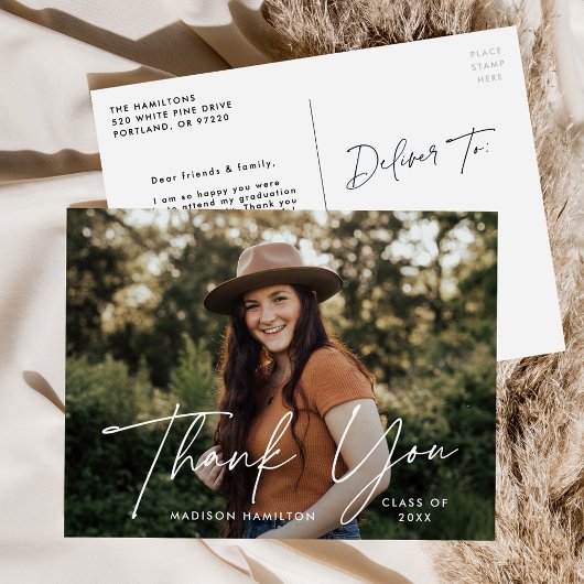 Modern White Script Foto Abschluss Vielen Dank Postkarte