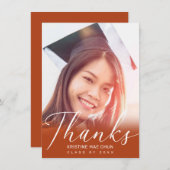Modern White Script Foto Burnt Orange Abschluss Dankeskarte (Vorne/Hinten)
