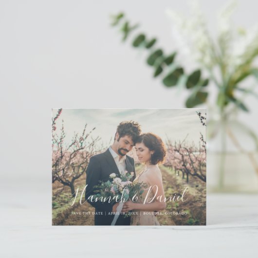 Modern White Script Foto Custom Save the Date Einladungspostkarte (Stehend Vorderseite)