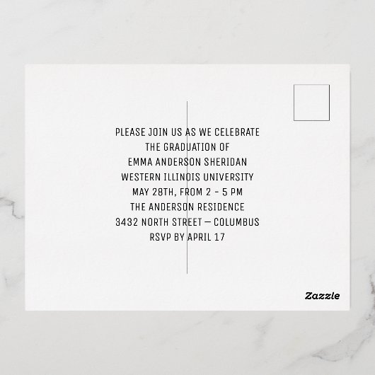 Modern White Script Foto Foil Einladung (Rückseite)