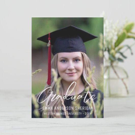 Modern White Script Foto Foil Einladung (Stehend Vorderseite)