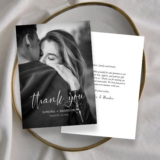 Modern White Script Foto Wedding Danke Card