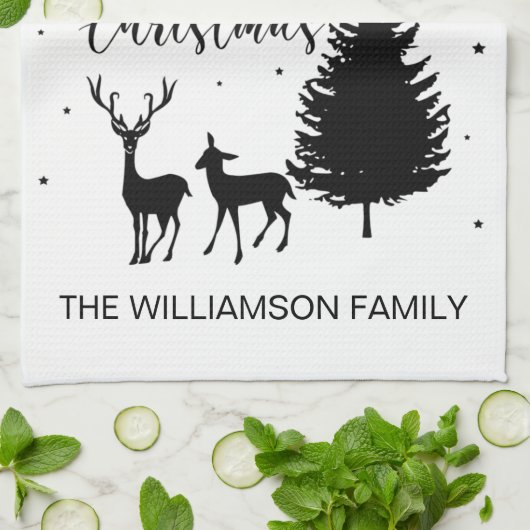 Modern White Script "Frohe Weihnachten" und Deer K Geschirrtuch (Gefaltet)