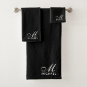 Modern White Script Initial Monogram Black Badhandtuch Set (Insitu)