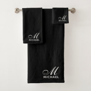 Modern White Script Initial Monogram Black Badhandtuch Set