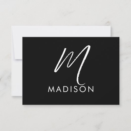 Modern White Script Monogram Initial Minimal Black Mitteilungskarte (Vorderseite)