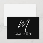 Modern White Script Monogram Initial Minimal Black Mitteilungskarte (Vorne/Hinten)