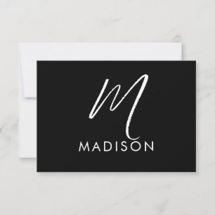 Modern White Script Monogram Initial Minimal Black Mitteilungskarte