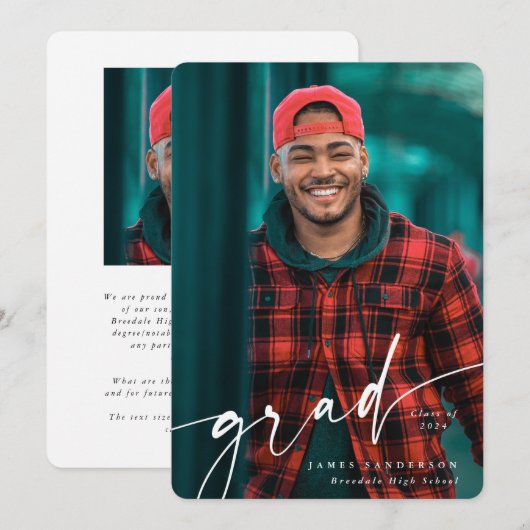 Modern White Script Overlay Zwei-Foto-Abschluss Ankündigung (Vorne/Hinten)