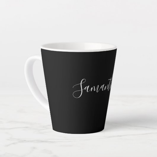 Modern White Script Typografy Name on Black Milchtasse (Linke Ecke)