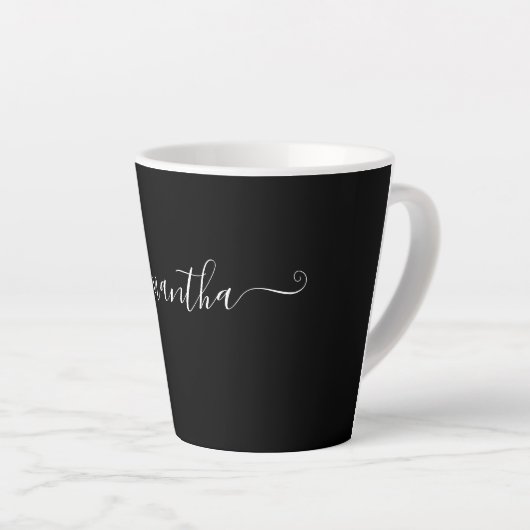 Modern White Script Typografy Name on Black Milchtasse (Rechte Ecke)