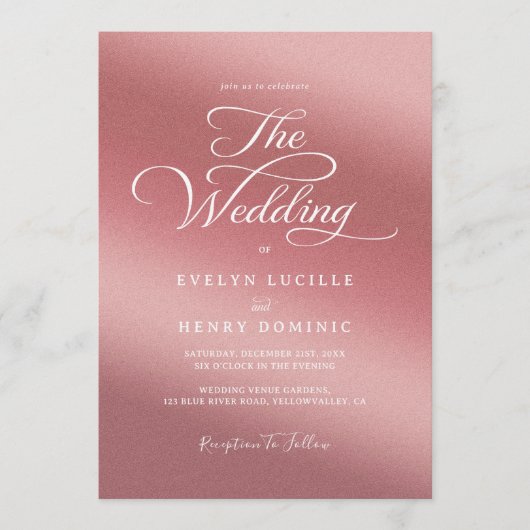 Modern White Script Typography Rose Gold Wedding Einladung (Vorderseite)