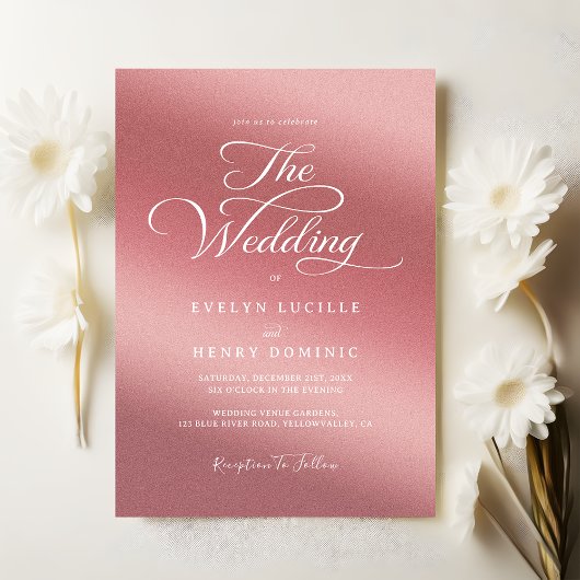 Modern White Script Typography Rose Gold Wedding Einladung