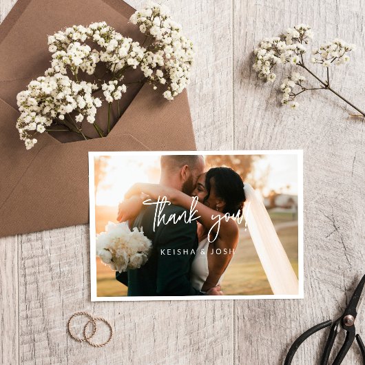Modern White Script Wedding Foto Kleines Danke
