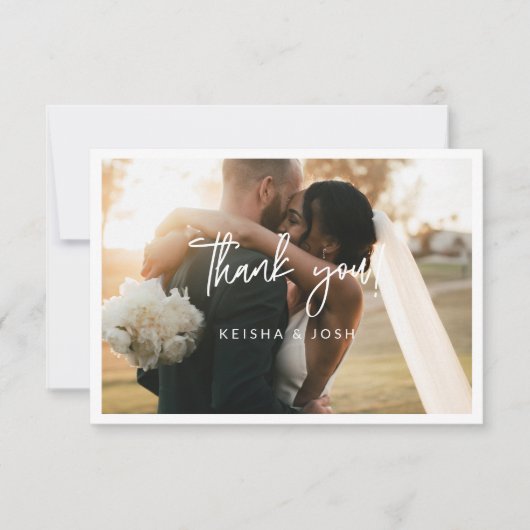 Modern White Script Wedding Foto Kleines Danke (Vorderseite)
