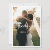 Modern White Script Wedding Foto Vielen Dank Dankeskarte (Vorderseite)