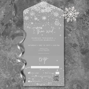 Modern White Sparkle Snowflakes Wedding QR Code All In One Einladung