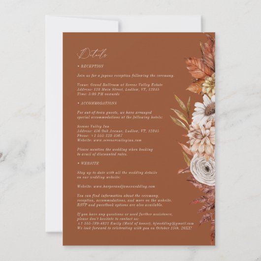 Modern White Terracotta Blume Boho Hochzeit im Her Einladung (Rückseite)