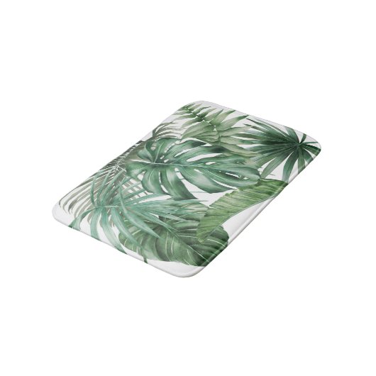 Modern White Tropical Monstera Blätter Muster Badematte (Schrägansicht)