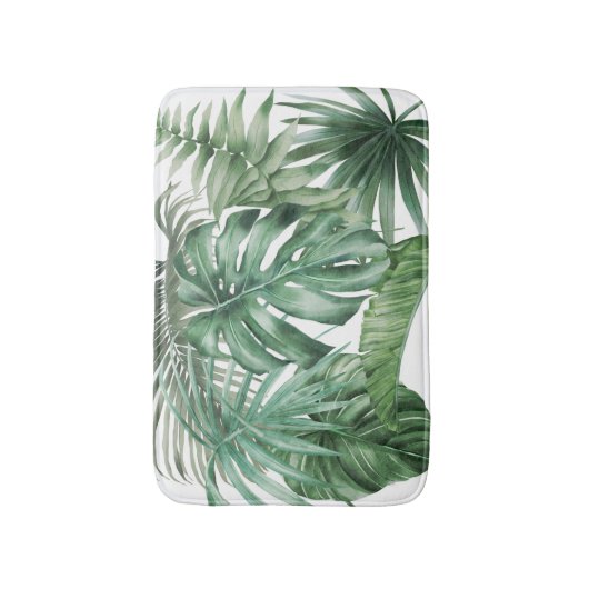 Modern White Tropical Monstera Blätter Muster Badematte (Vorderseite Vertikal)