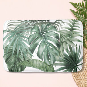 Modern White Tropical Monstera Leaves Pattern Badematte