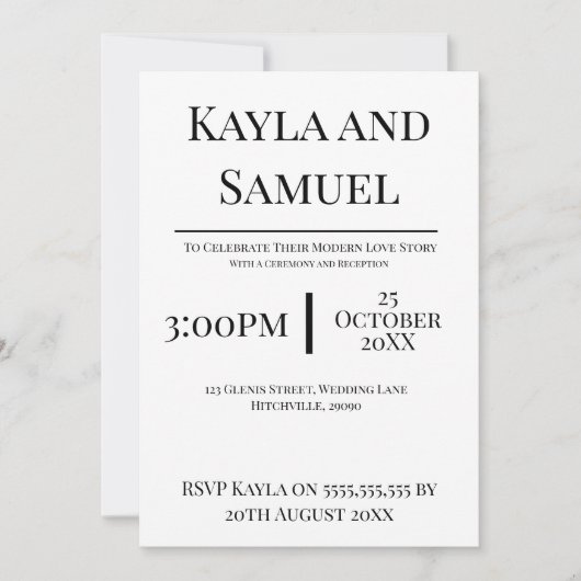 Modern White Wedding Invitation with Black Text Einladung (Vorderseite)