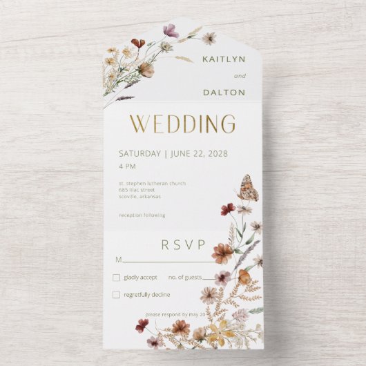 Modern White Wildblume Bouquet Kein Abendessen All In One Einladung (Innen Boden)