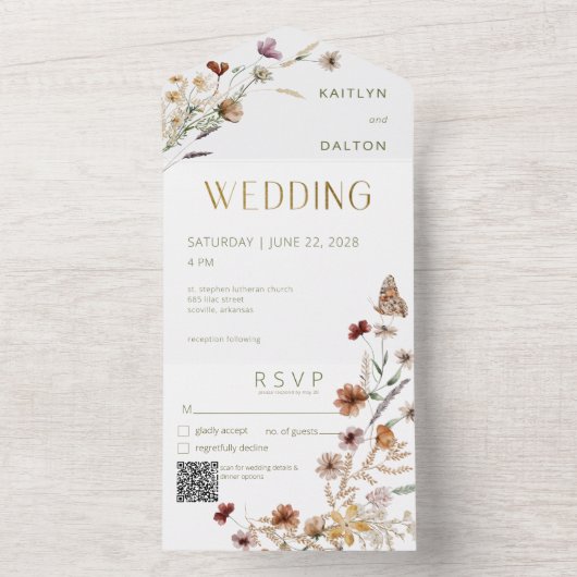 Modern White Wildblume Bouquet QR Code All In One Einladung (Innen Boden)