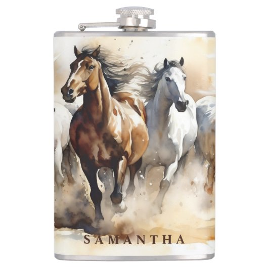 Modern Wild Mustang Pferde Reittiere Wasserfarbe Flachmann (Vorderseite)