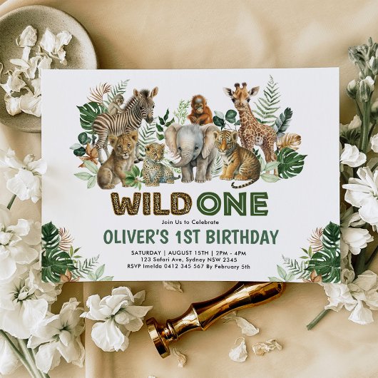 Modern Wild One Jungle Safari Tiere Geburtstag Einladung