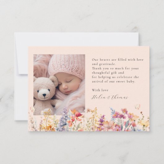 Modern, Wildblume, 2 Foto New Baby Vielen Dank Dankeskarte (Rückseite)