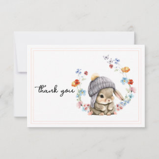 Modern Wildflower Cute Bunny First Birthday Dankeskarte