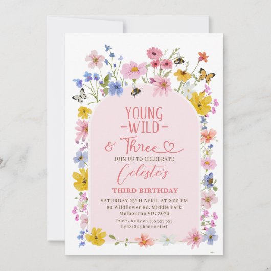 Modern Wildflower Young Wild Three 3rd Birthday Einladung (Vorderseite)