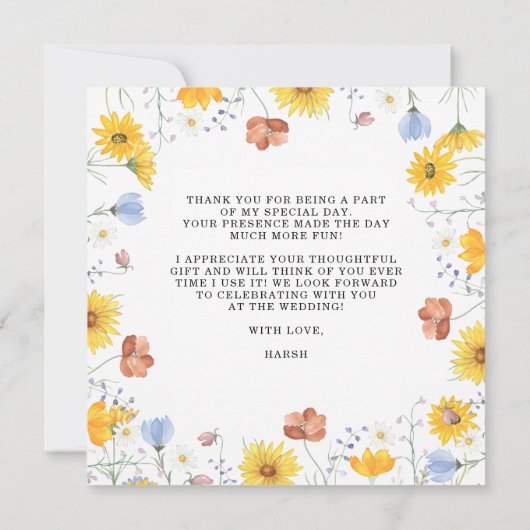 Modern wildflowers spring wedding dankeskarte (Rückseite)
