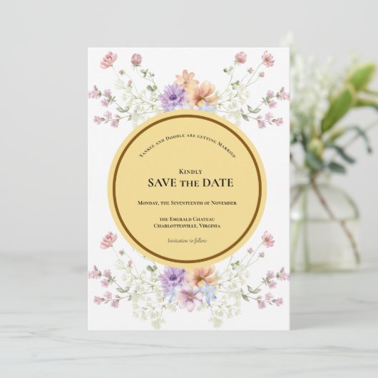 Modern wildflowers spring wedding save the date (Stehend Vorderseite)