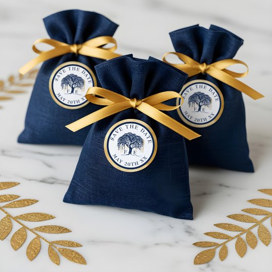 Modern Willow Tree Navy Blue Gold Save the Date Runder Aufkleber