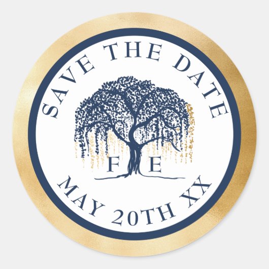 Modern Willow Tree Navy Blue Gold Save the Date Runder Aufkleber (Vorderseite)