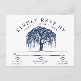 Modern Willow Tree Navy Blue Wedding RSVP Postcard Einladungspostkarte