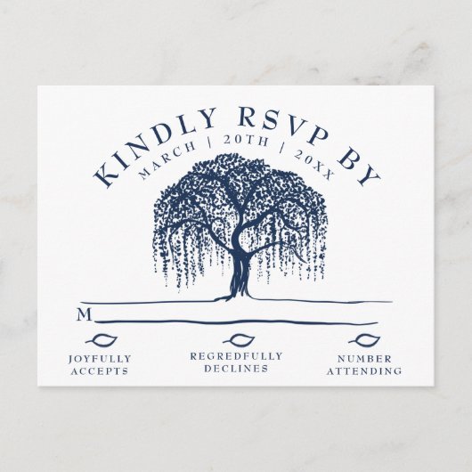 Modern Willow Tree Navy Blue Wedding RSVP Postcard Einladungspostkarte (Vorderseite)